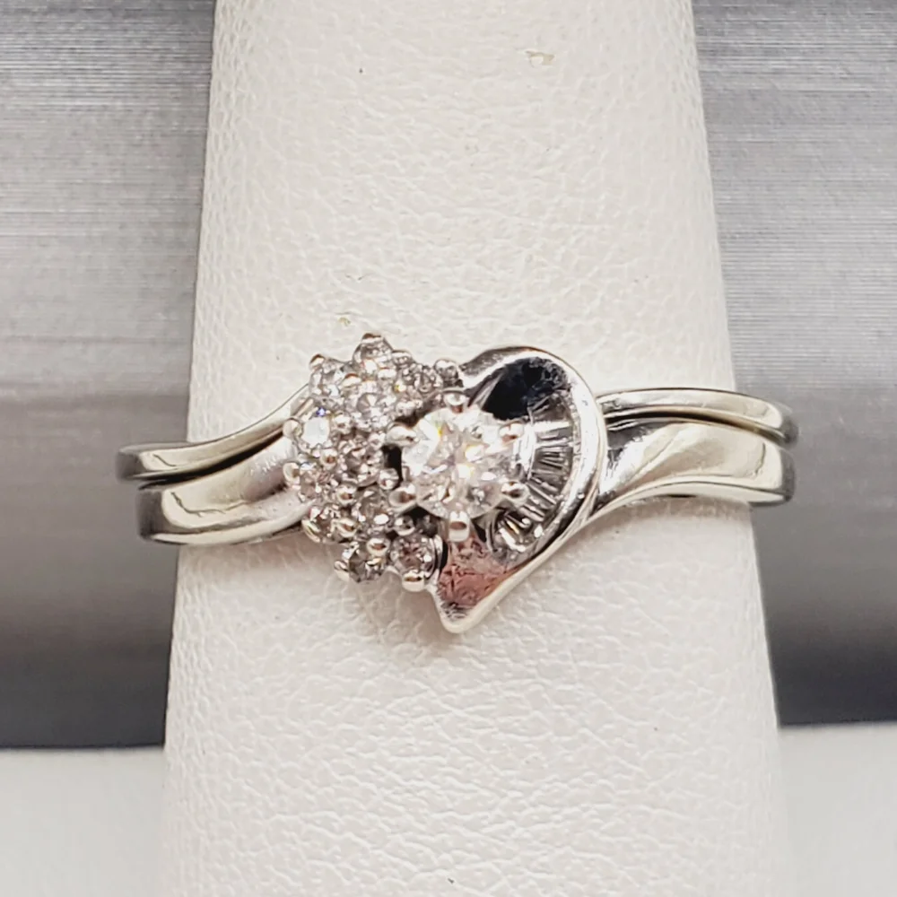 10k Solid White Gold Genuine Round & Baguette Diamond Heart Wedding Ring Set